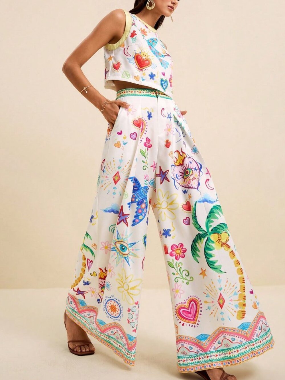 Multicolor Boho Women's Tropical Print Sleeveless Crop Top & Wide Leg Pants Set - Picture 3 of 9